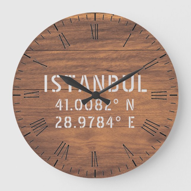 Reloj Redondo Grande Istanbul Latitude & Longitude Dark Wood  (Anverso)