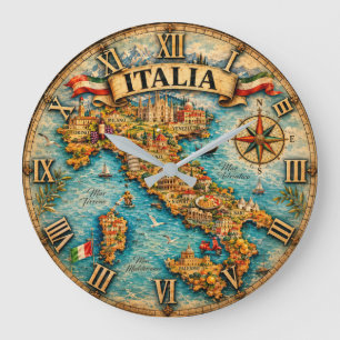 Reloj Redondo Grande Italy Map Wall Vintage