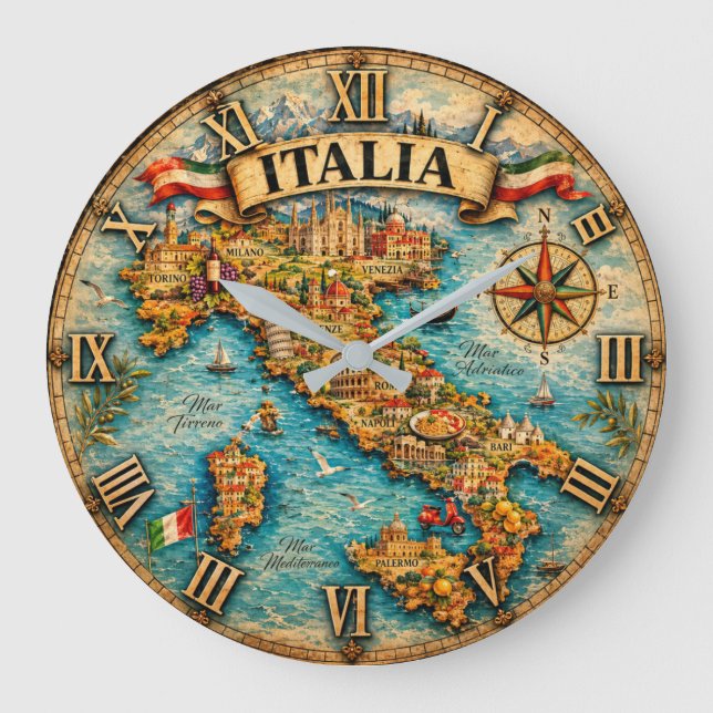 Reloj Redondo Grande Italy Map Wall Vintage (Anverso)