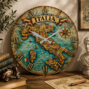 Reloj Redondo Grande Italy Map Wall Vintage