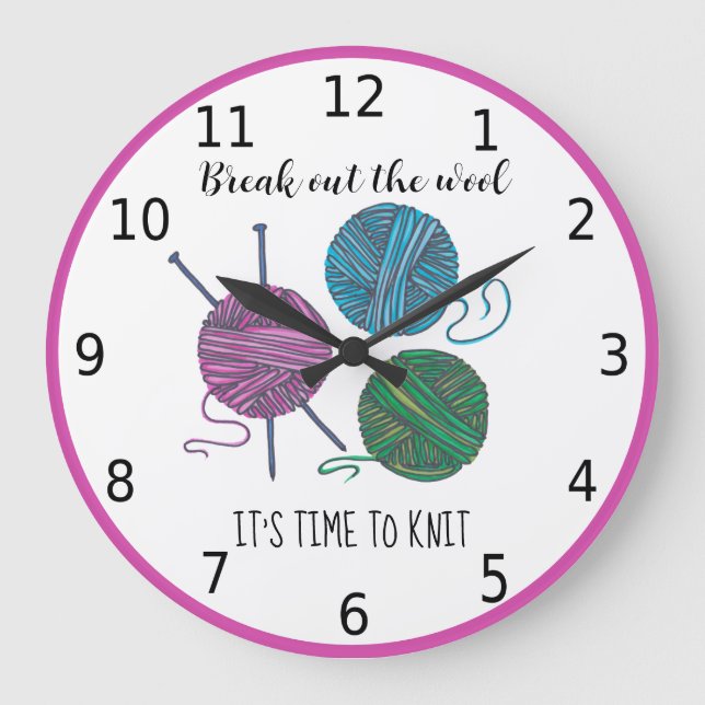 Reloj Redondo Grande It's time to knit - pink border - personalized (Anverso)