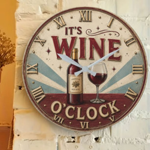 Reloj Redondo Grande It's Wine O'Clock Rustic Home Bar