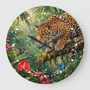 Reloj Redondo Grande Jaguar Selva Colibríes Mariposas Flores