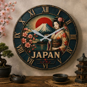 Reloj Redondo Grande Japan Mount Fuji Geisha Cherry Blossom Japanese