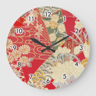Reloj Redondo Grande Japanese KIMONO Textile, Floral Pattern