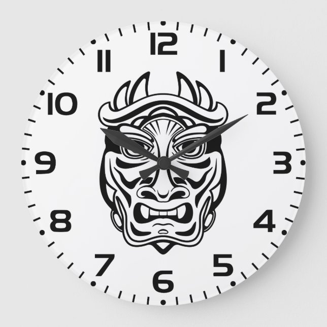 Reloj Redondo Grande Japanese Oni Mask Tribal Demon Line Art (Anverso)