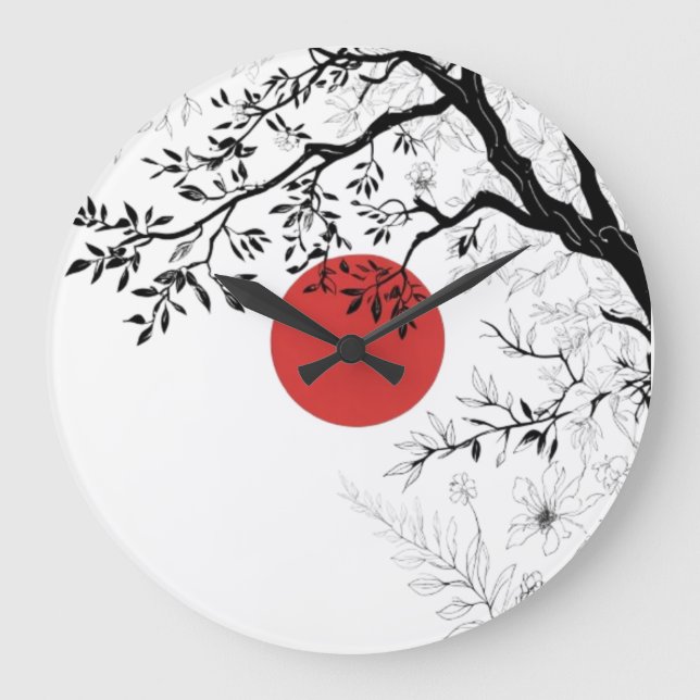 Reloj Redondo Grande Japanese Red Sun & Brush Tree Art (Anverso)