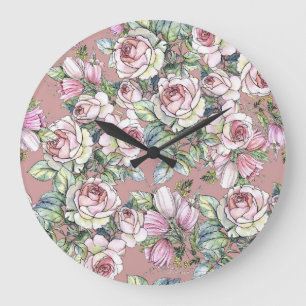 Reloj Redondo Grande Jardín de acuarelas: Elegancia de los Tulipanes Ro