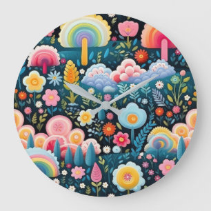 Reloj Redondo Grande Jardín de Arcoíris Caprichoso Patrón de Fantasía F