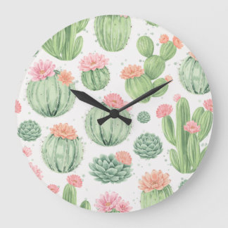 Reloj Redondo Grande Jardín de cactus acuarela