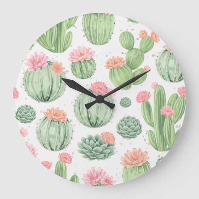 Reloj Redondo Grande Jardín de cactus acuarela (Anverso)