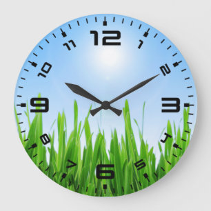 Reloj Redondo Grande Jardín de césped verde con diseño de cielo azul