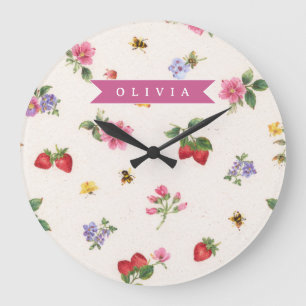 Reloj Redondo Grande Jardín de Fresas Personalizado Cottagecore Abeja
