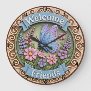 Reloj Redondo Grande Jardín de Mariposas Bienvenidos Amigos