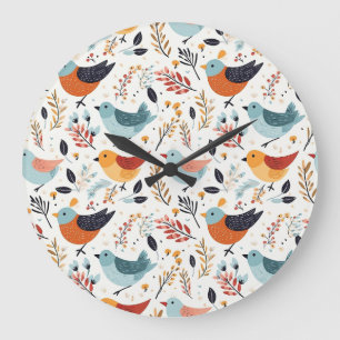 Reloj Redondo Grande Jardín de Pájaros Naranja y Azul Rústico