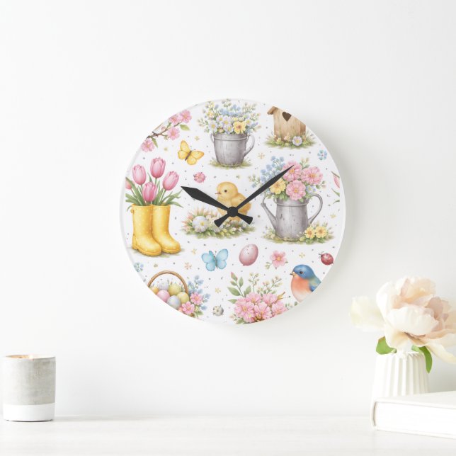 Reloj Redondo Grande Jardín de primavera de Pascua  (Hogar)