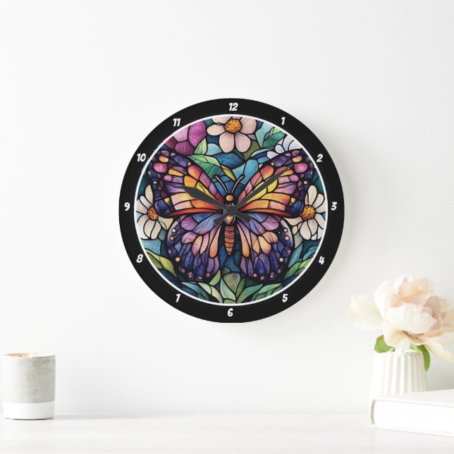 Reloj Redondo Grande Jardín de vidrio manchado" - Mariposa y Floral (Hogar)