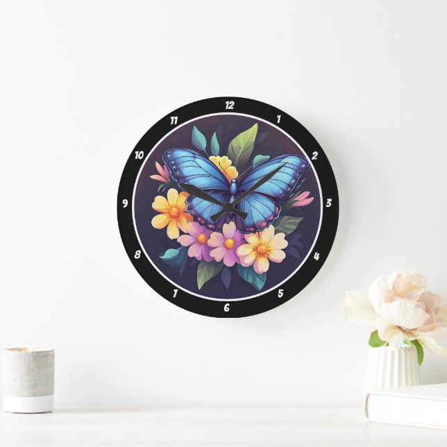 Reloj Redondo Grande Jardín encantado" - Mariposa azul y floral (Hogar)