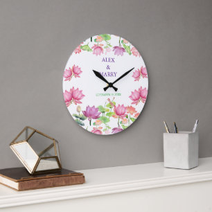 Reloj Redondo Grande Jardín floral de loto rosa acuarela BODA