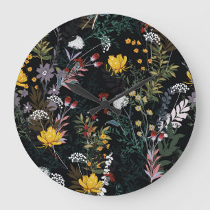 Reloj Redondo Grande Jardín floral oscuro: Patrón nocturno floreciente
