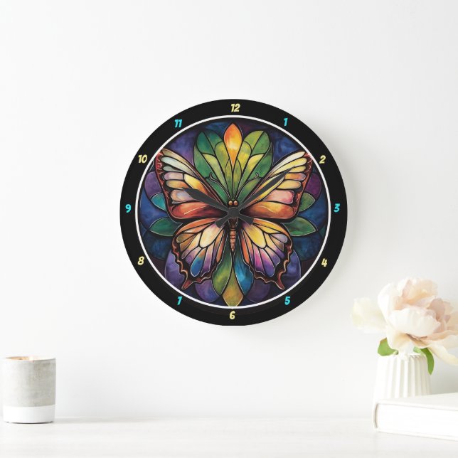 Reloj Redondo Grande Jardín Kaleidoscope" - Mariposa de vidrio manchado (Hogar)