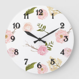 Reloj Redondo Grande Jardín Romántico de Acuarela Floral Rosa