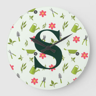 Reloj Redondo Grande Jardinería de monograma verde personalizado