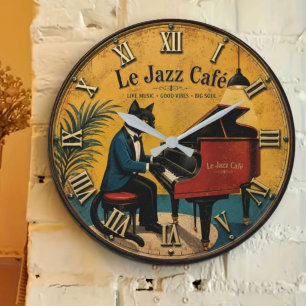 Reloj Redondo Grande Jazz Cat Funny Piano Vintage Café Music Lover Gift