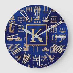 Reloj Redondo Grande Jeroglíficos egipcios de oro sobre el Incial Azul