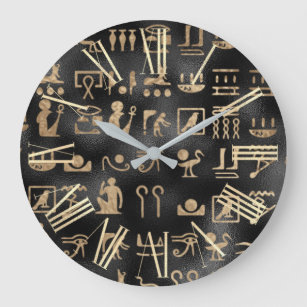 Reloj Redondo Grande Jeroglíficos egipcios de oro sobre negro