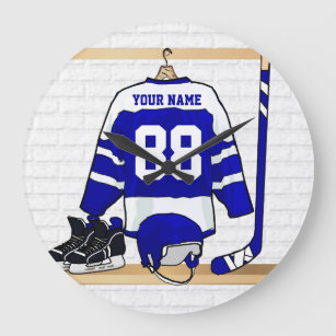 Reloj Redondo Grande Jersey azul y blanco personalizado del hockey