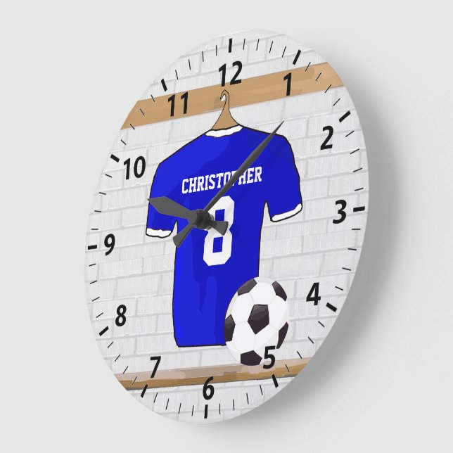Reloj Redondo Grande Jersey de Fútbol Blanco Azul personalizado (Ángulo)