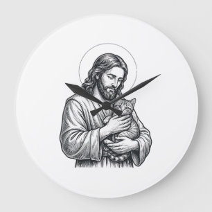 Reloj Redondo Grande Jesús Antiguo Sosteniendo Gato Grabado Gráfico_1