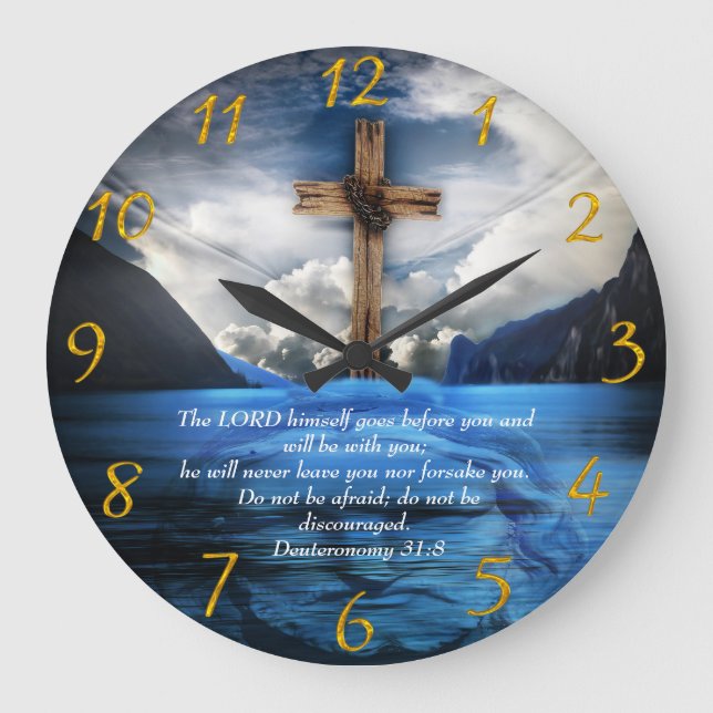 Reloj Redondo Grande Jesús en el agua rizada Deuteronomio 31:8 (Anverso)