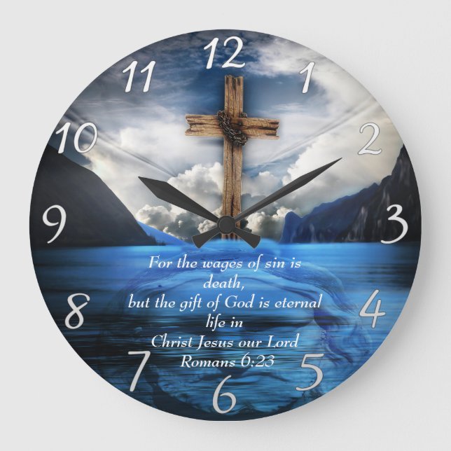 Reloj Redondo Grande Jesús en el agua rizada Romanos 6:23 (Anverso)