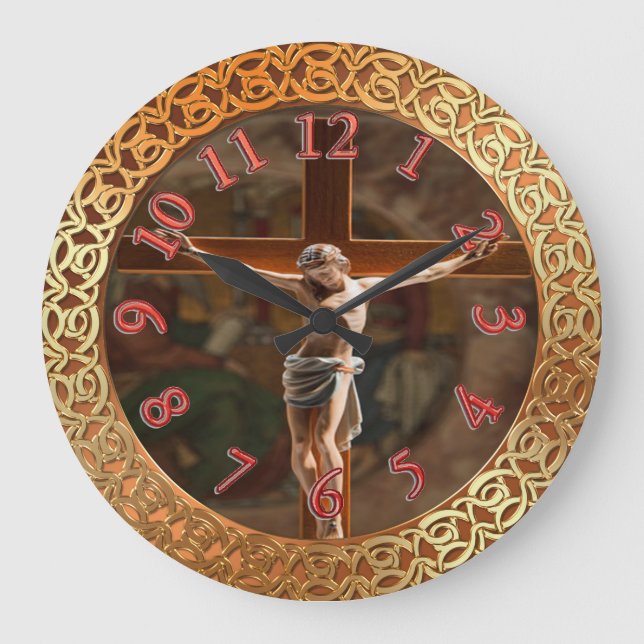 Reloj Redondo Grande Jesús en la textura de Relieve metalizado de oro d (Anverso)
