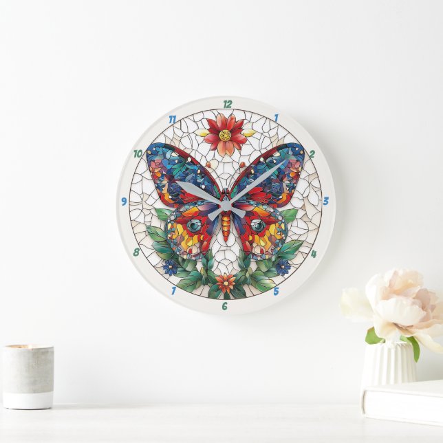 Reloj Redondo Grande Jeweld Garden Stained Glass Butterfly Floral (Hogar)