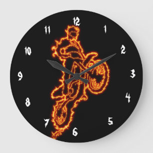 Reloj Redondo Grande Jinete del motocrós del estilo libre en llamas