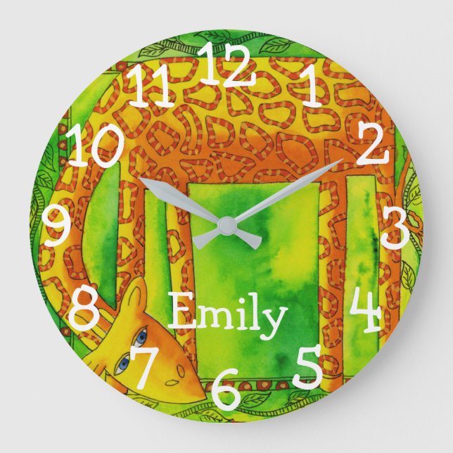 Reloj Redondo Grande Jirafa de acuarela estampada con nombre personaliz (Anverso)