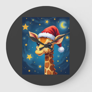 Reloj Redondo Grande Jirafa de Navidad Sombrero de Santa Noche Estrella