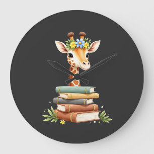Reloj Redondo Grande Jirafa Linda Con Libro Floral Bibliófila Bibliotec