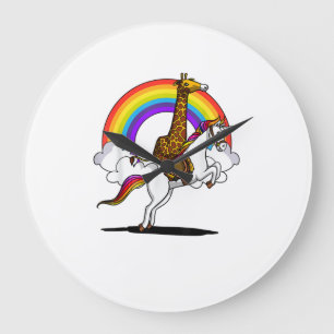 Reloj Redondo Grande Jirafa montando unicornio mágico arcoiris divertid