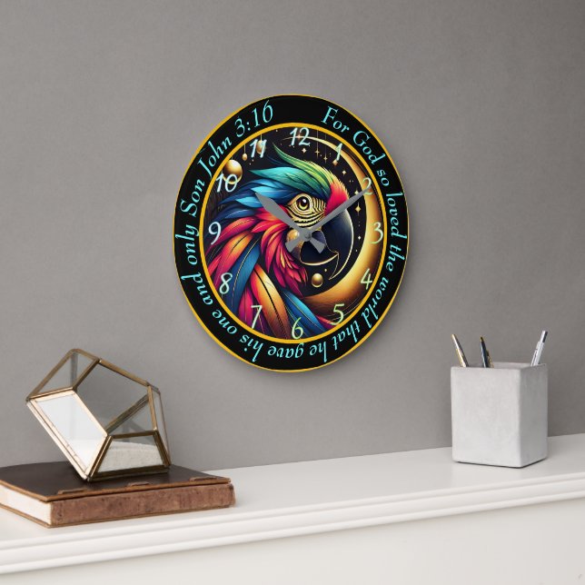 Reloj Redondo Grande John 3:16 Loro Tropical Cristiano Negrita (Oficina)