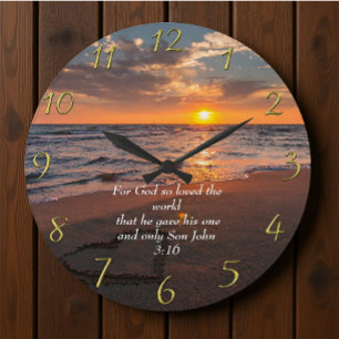 Reloj Redondo Grande John 3:16 océano de fe cristiana con puesta de sol
