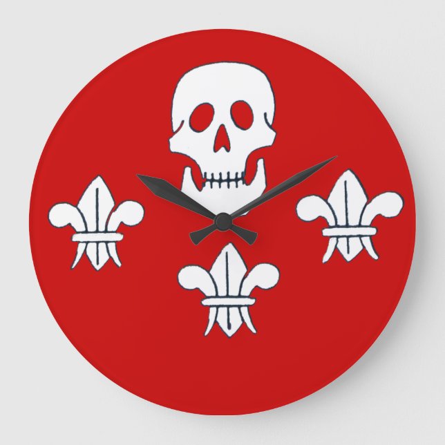 Reloj Redondo Grande JOLLY ROGER SKULL Y LA BANDERA DE TRES LILIES, roj (Anverso)