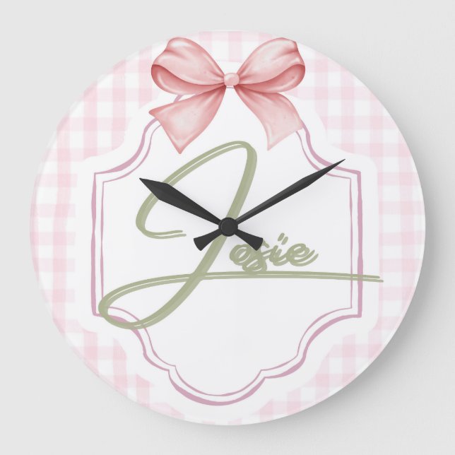 Reloj Redondo Grande Josie Baby Nursery personalizado Bow&Gingham (Anverso)