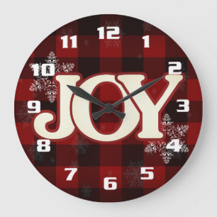 Reloj Redondo Grande JOY de los Navidades Elegante Red Buffalo plaid