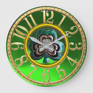 Reloj Redondo Grande Joya Verde Esmeralda Dorada Trebol Día de San Patr