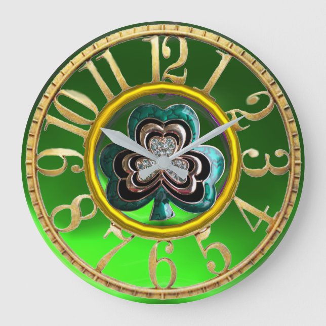 Reloj Redondo Grande Joya Verde Esmeralda Dorada Trebol Día de San Patr (Anverso)