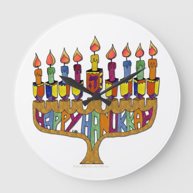 Reloj Redondo Grande Judaica Happy Hanukkah Dreidel Menorah (Anverso)